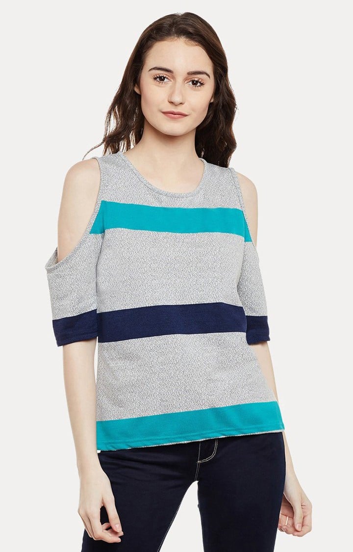 MISS CHASE | Women's Grey Cotton StripedCasualwear Regular T-Shirts