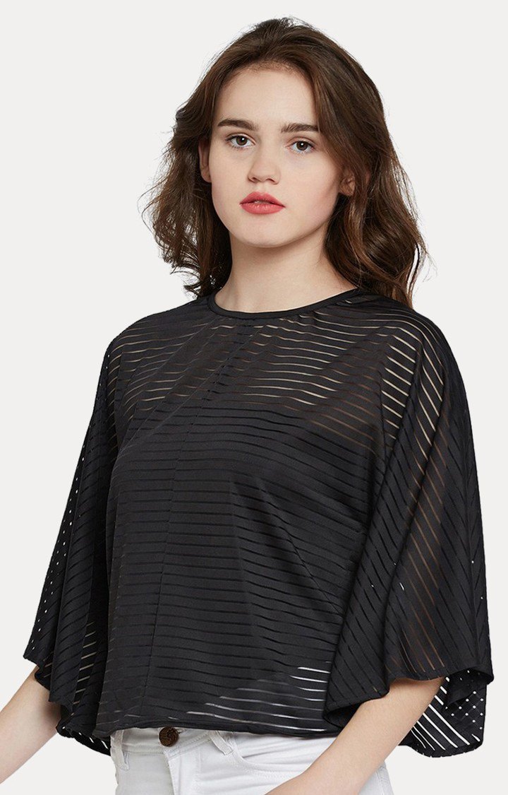 Women's Black Polyester SolidCasualwear Tops