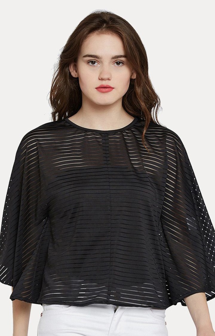 MISS CHASE | Women's Black Polyester SolidCasualwear Tops