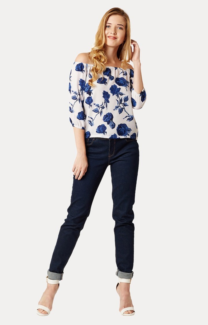 Women's Blue Crepe FloralCasualwear Off Shoulder Top
