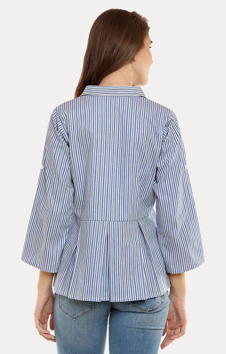 Women's Blue Cotton StripedCasualwear Casual Shirts