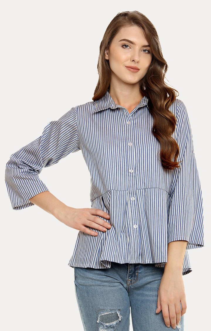 Women's Blue Cotton StripedCasualwear Casual Shirts