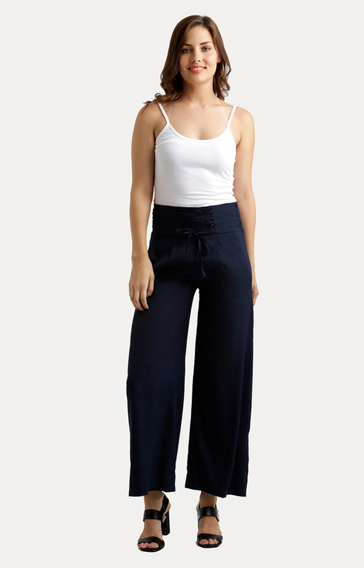 Women's Blue Solid Wide Leg Jeans