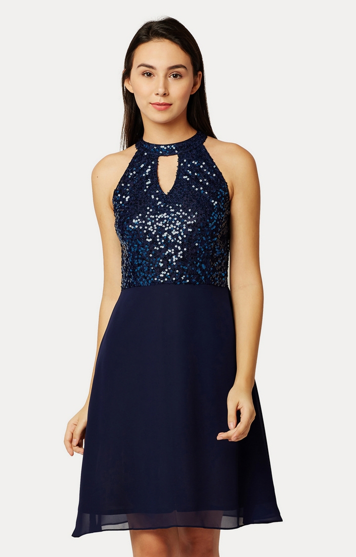 MISS CHASE | Women's Blue Solid Fit & Flare Dress
