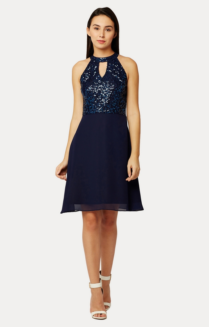 Women's Blue Georgette SolidCasualwear Fit & Flare Dress