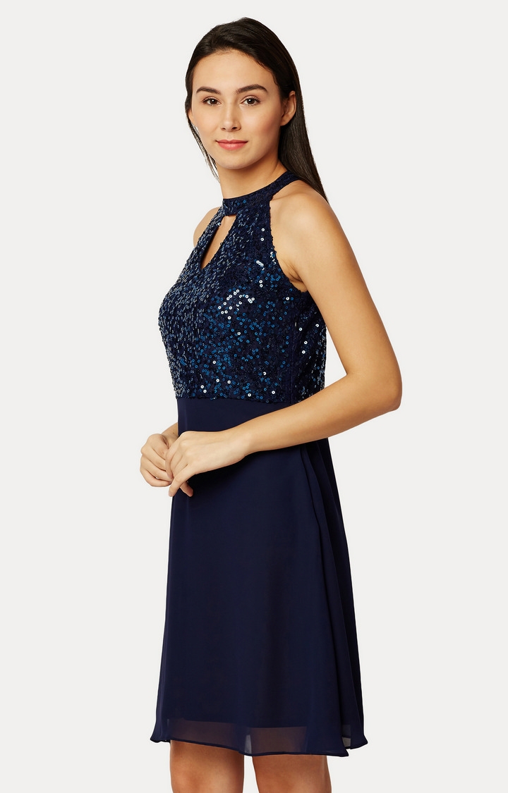 Women's Blue Georgette SolidCasualwear Fit & Flare Dress