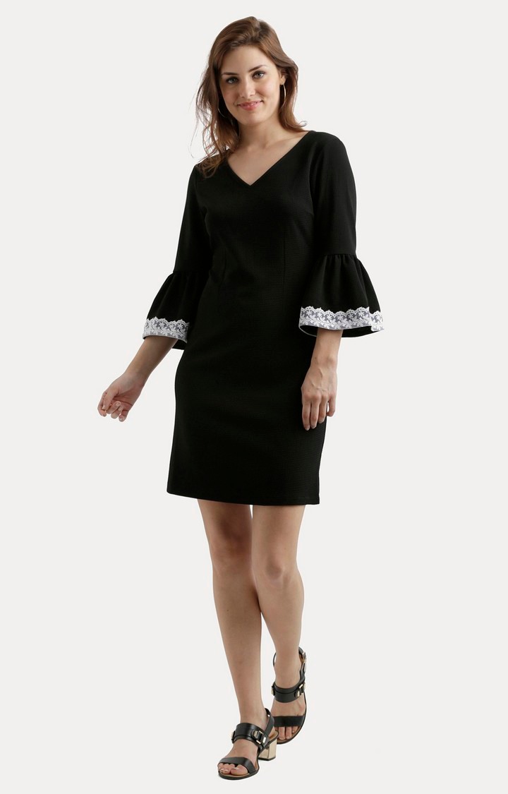 Women's Black Polyester SolidEveningwear Shift Dress