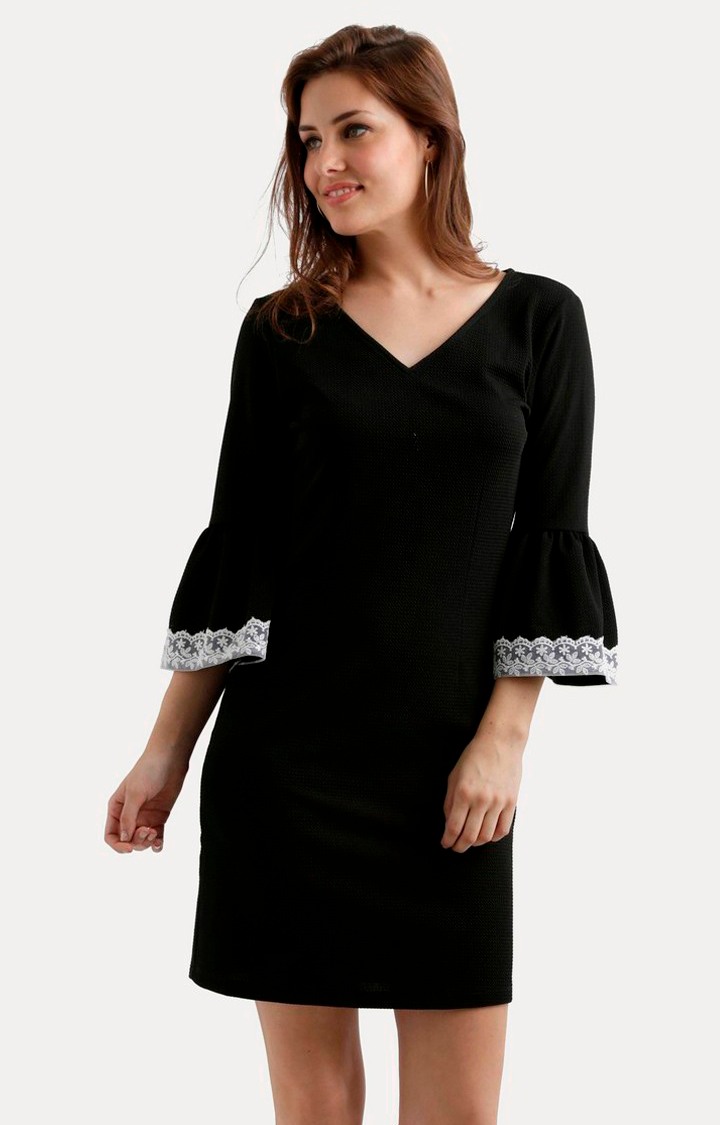 MISS CHASE | Women's Black Polyester SolidEveningwear Shift Dress