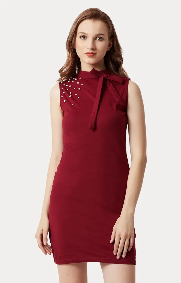 MISS CHASE | Women's Red Cotton SolidEveningwear Bodycon Dress