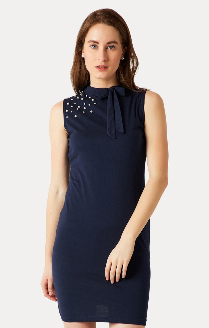 MISS CHASE | Women's Blue Cotton SolidEveningwear Bodycon Dress