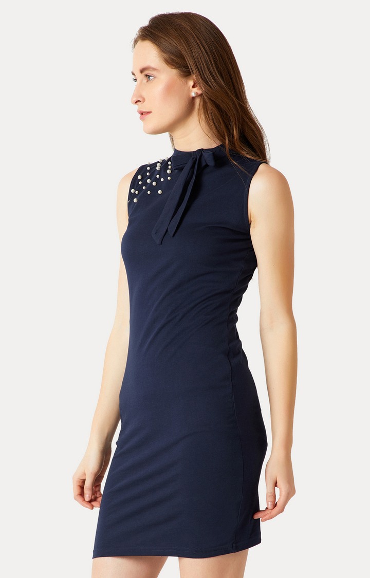 Women's Blue Cotton SolidEveningwear Bodycon Dress