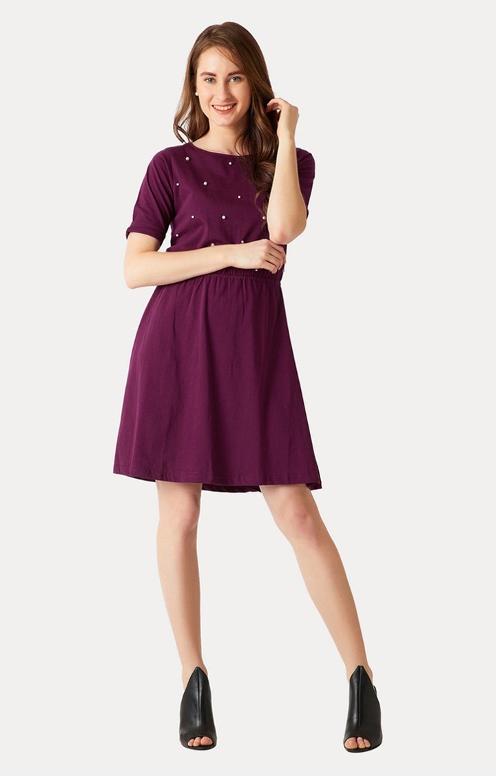 Women's Purple Cotton SolidCasualwear Skater Dress