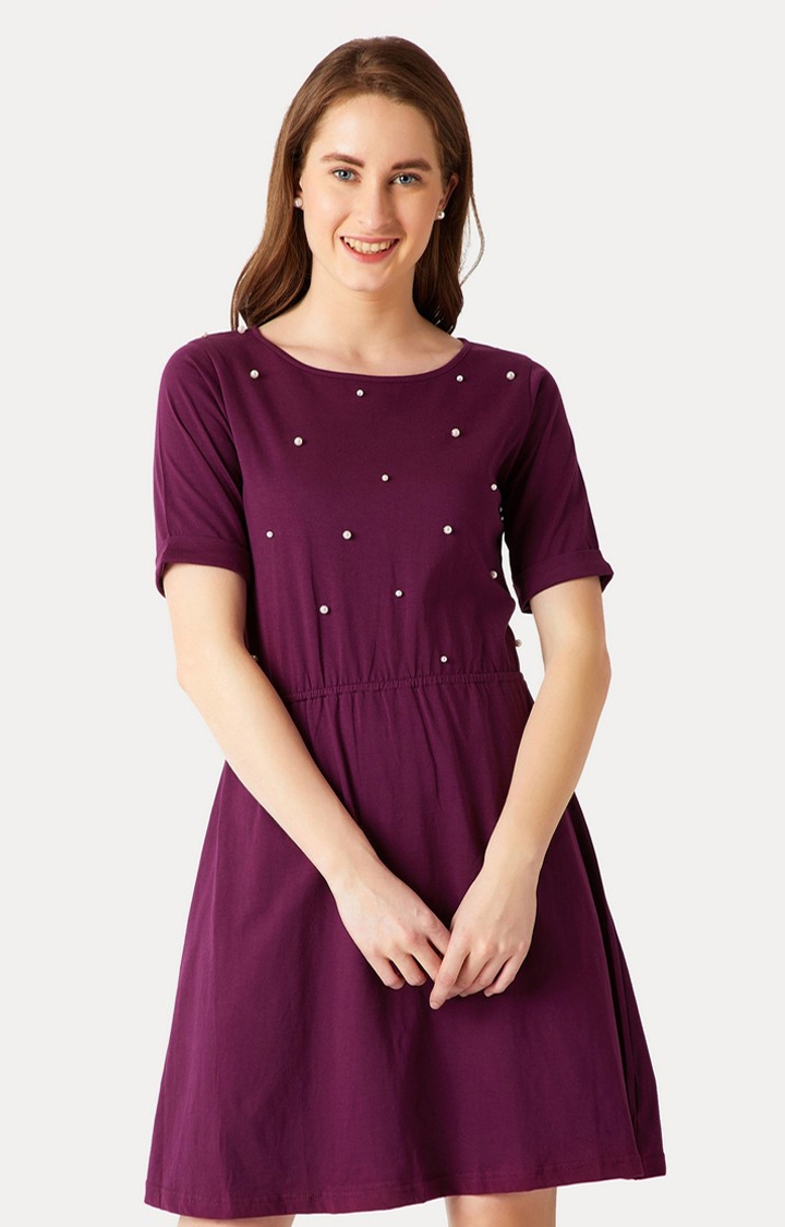 MISS CHASE | Women's Purple Cotton SolidCasualwear Skater Dress