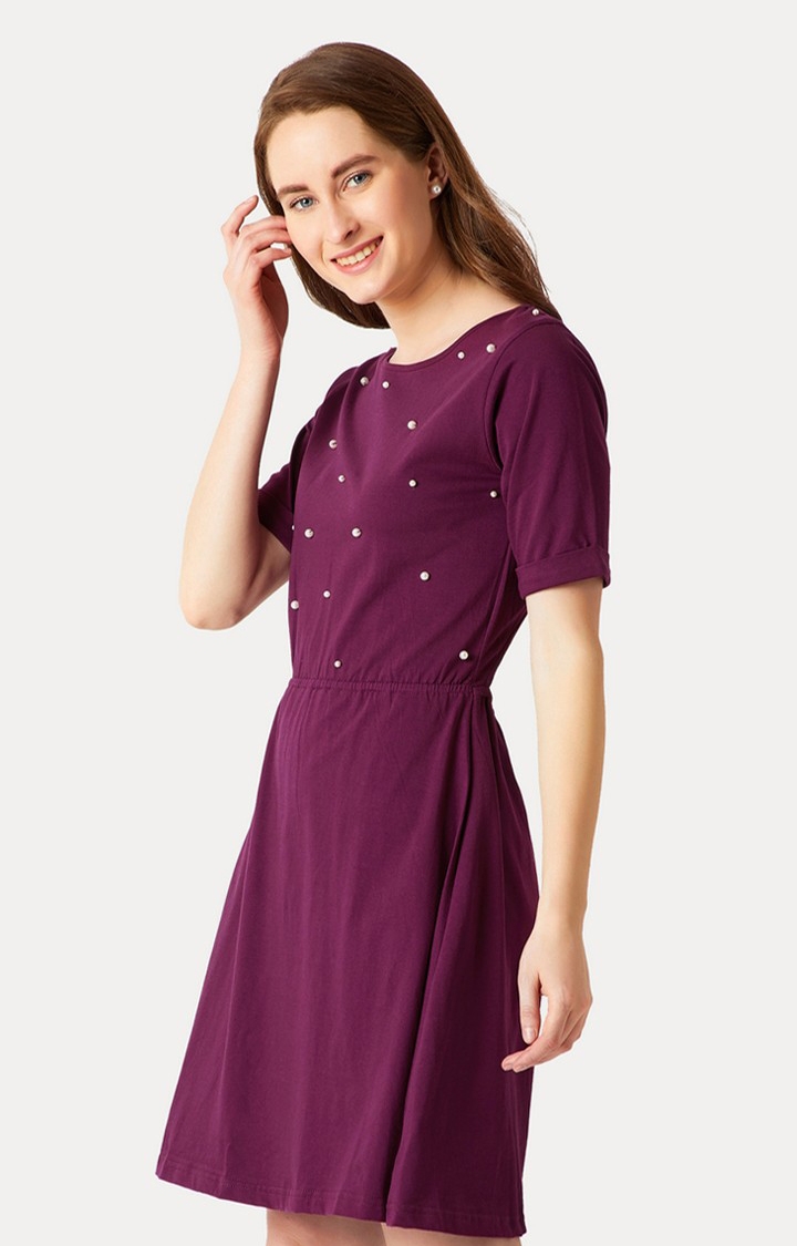 Women's Purple Cotton SolidCasualwear Skater Dress