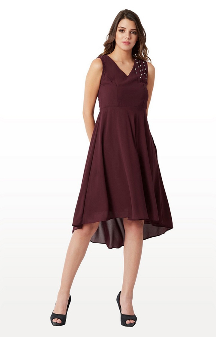 MISS CHASE | Women's Red Solid Skater Dress