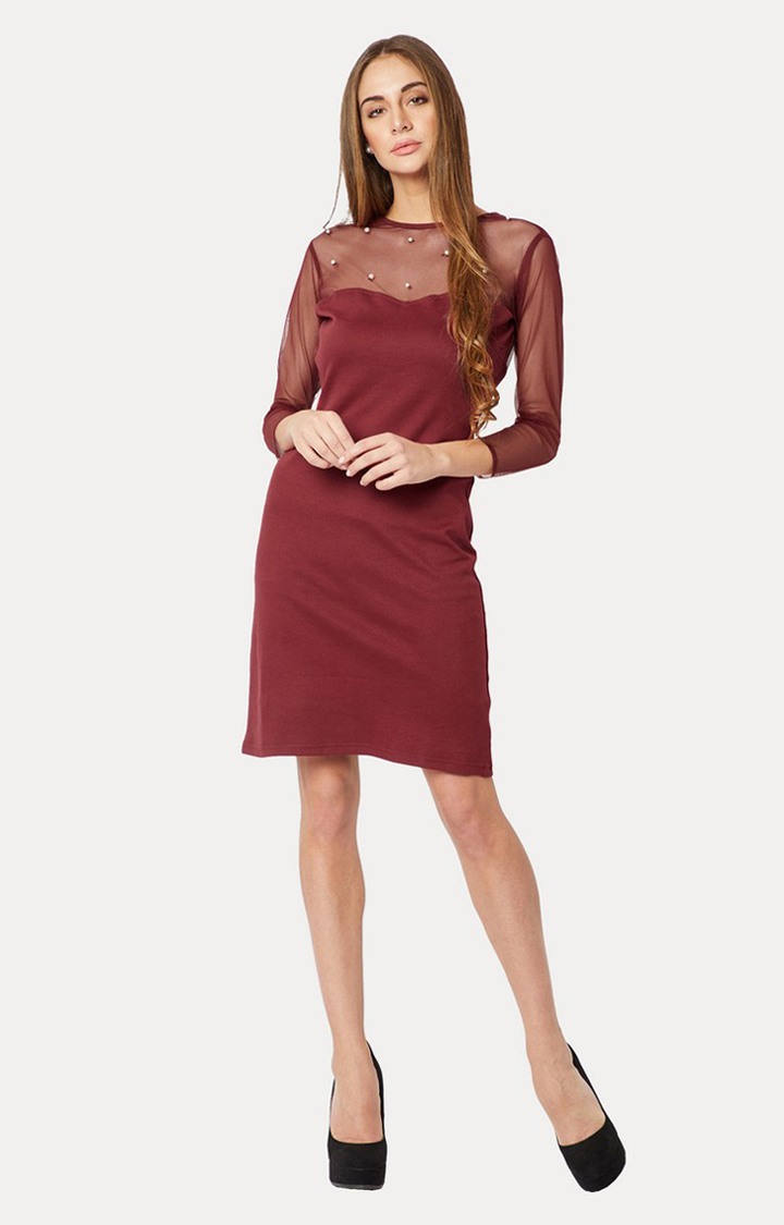 Women's Red Cotton SolidEveningwear Shift Dress