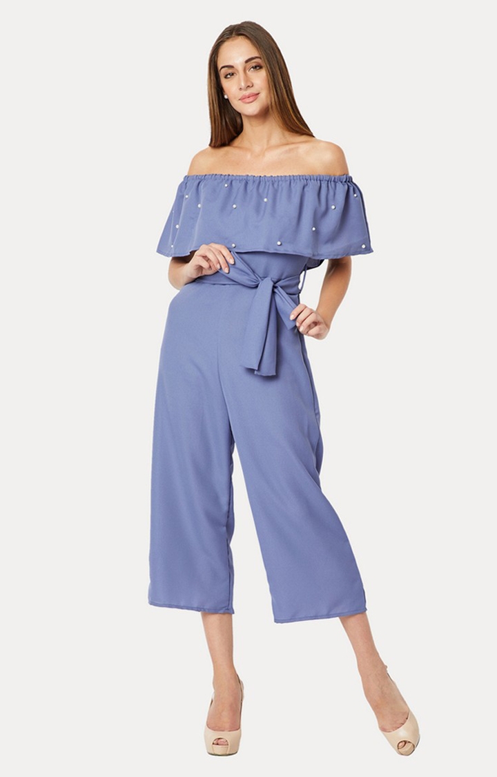 Women's Blue Polyester SolidCasualwear Jumpsuits