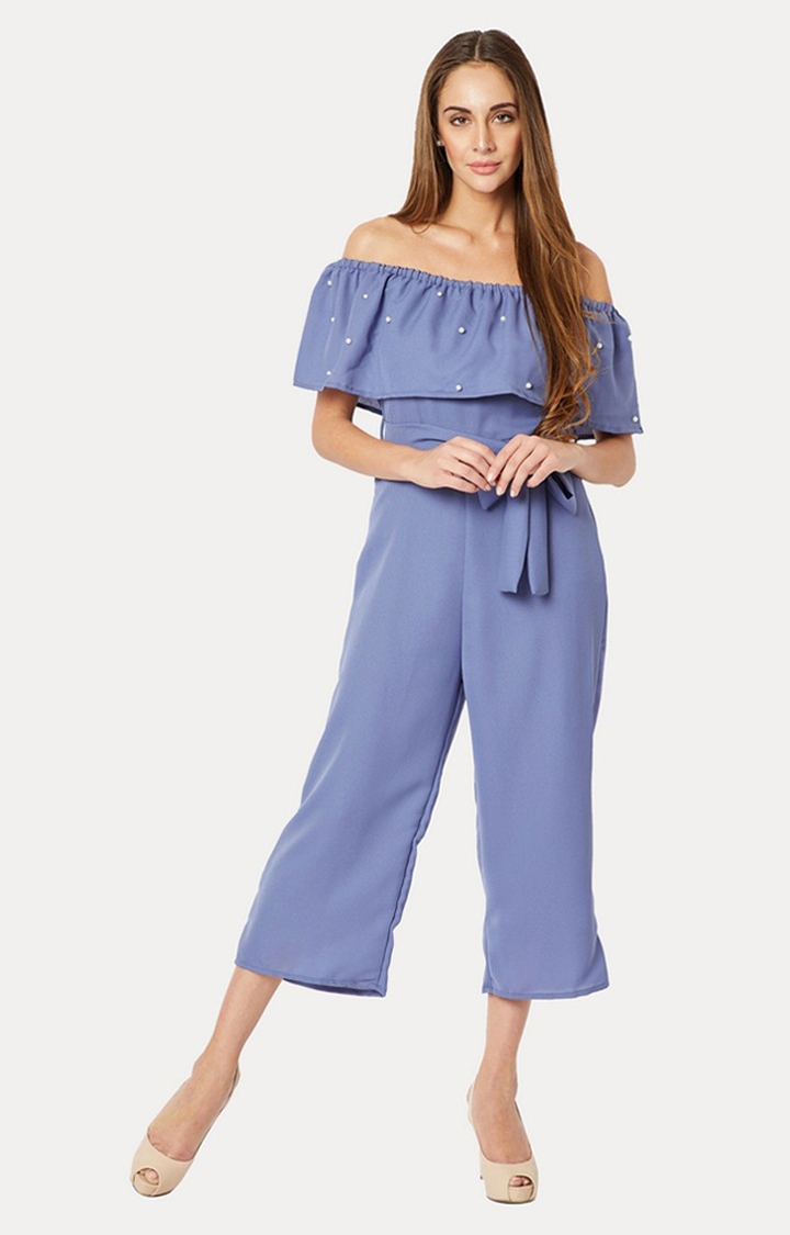 Women's Blue Polyester SolidCasualwear Jumpsuits