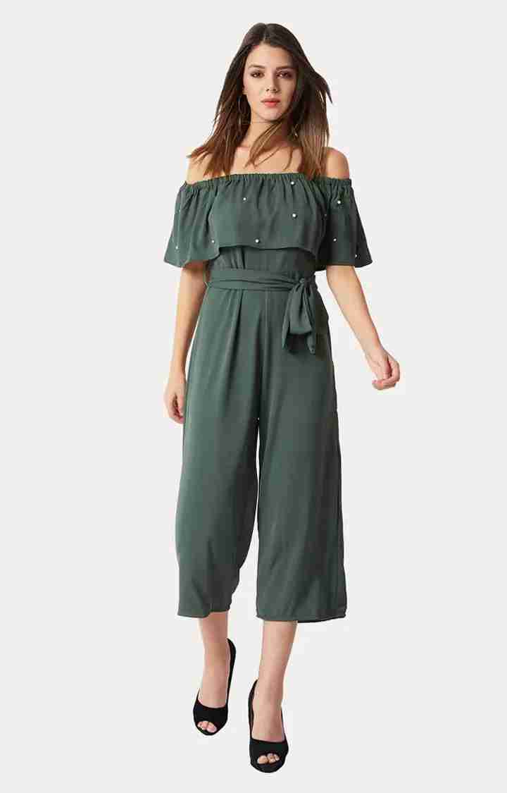 Women's Green Crepe SolidCasualwear Jumpsuits