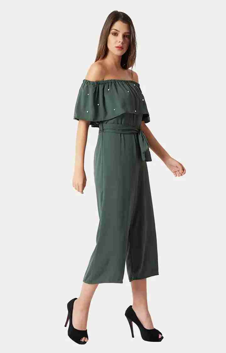 Women's Green Crepe SolidCasualwear Jumpsuits