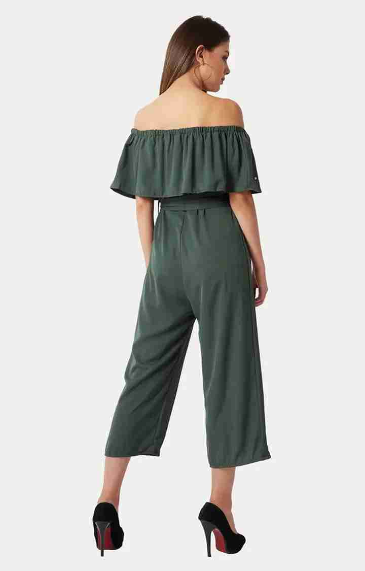 Women's Green Crepe SolidCasualwear Jumpsuits