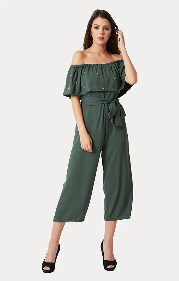 Women's Green Crepe SolidCasualwear Jumpsuits