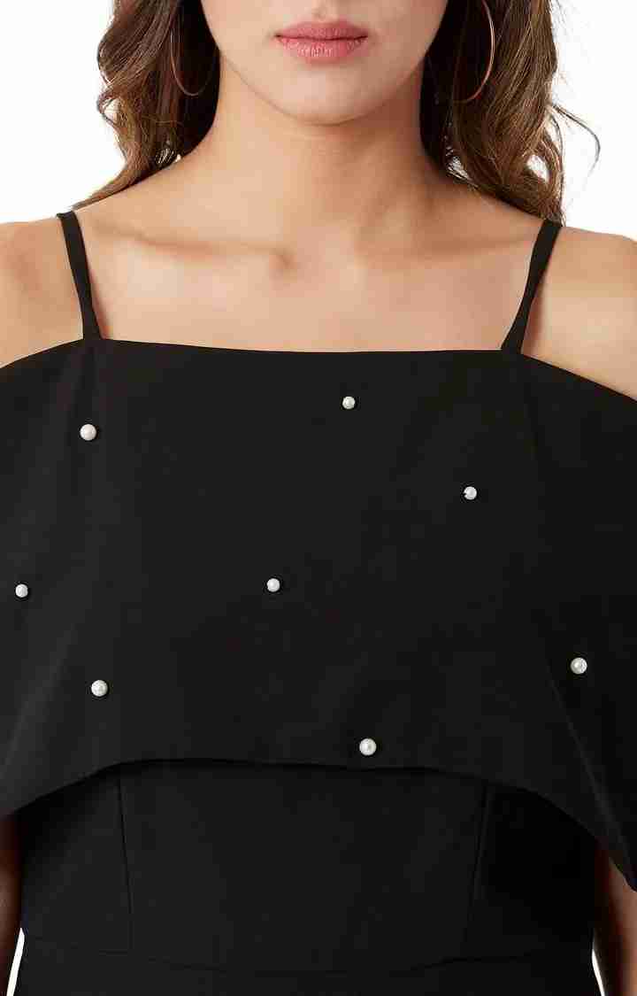 Women's Black Georgette SolidEveningwear Off Shoulder Dress