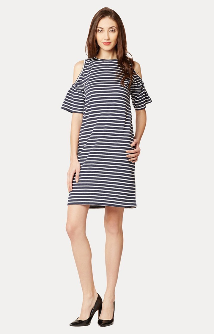 Women's Blue Cotton StripedCasualwear Shift Dress