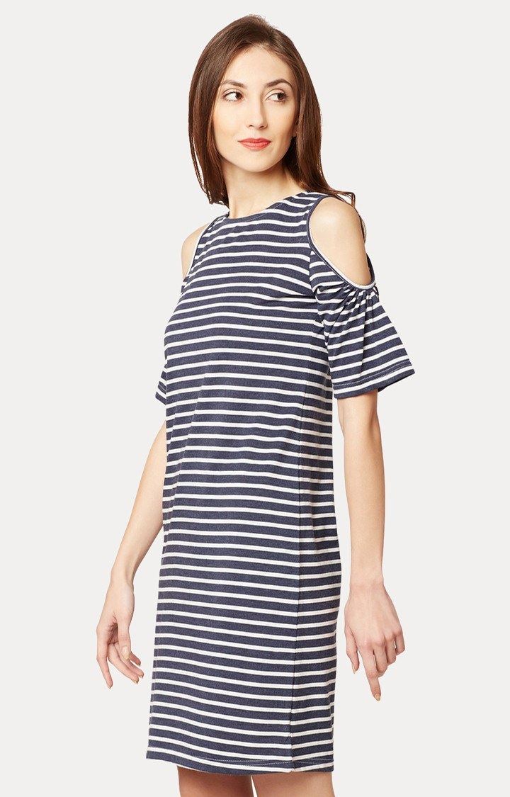 Women's Blue Cotton StripedCasualwear Shift Dress