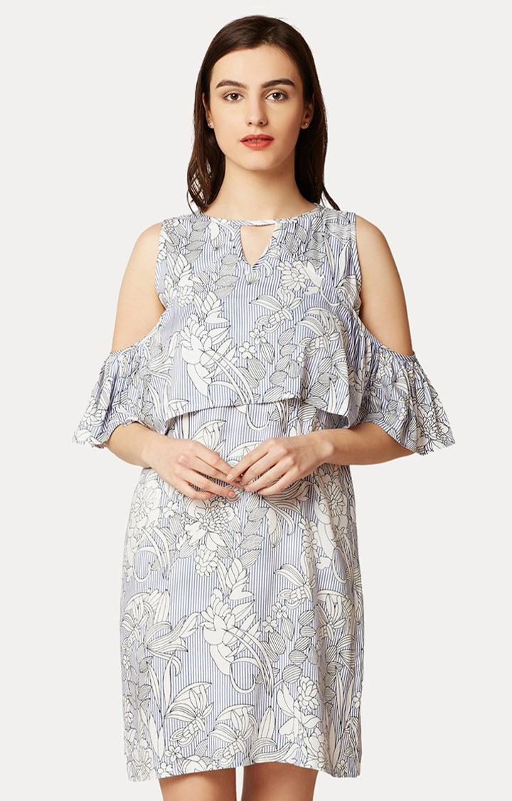 MISS CHASE | Women's Blue Rayon PrintedCasualwear Shift Dress