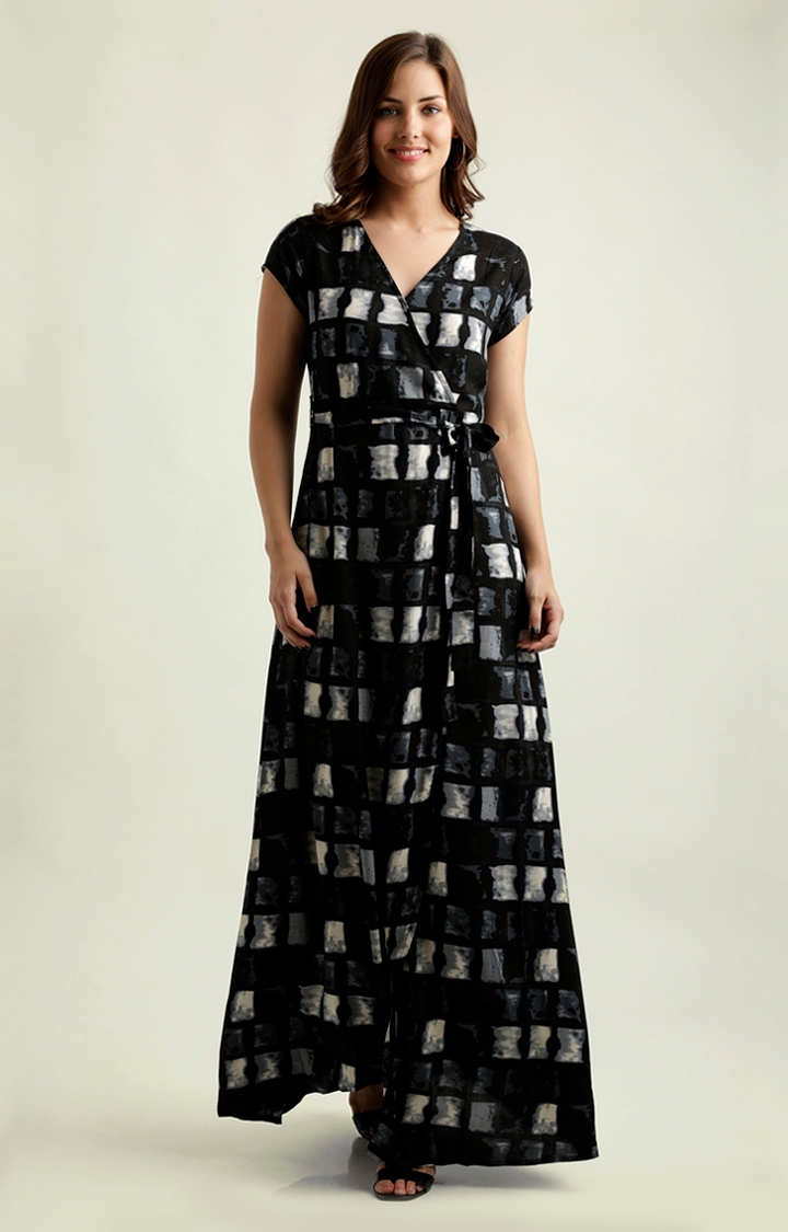 MISS CHASE | Women's Black Rayon PrintedCasualwear Maxi Dress