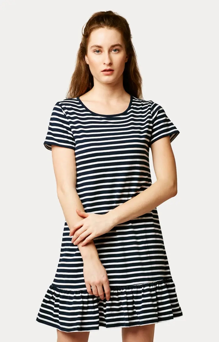 MISS CHASE | Women's Blue Striped Tiered Dress
