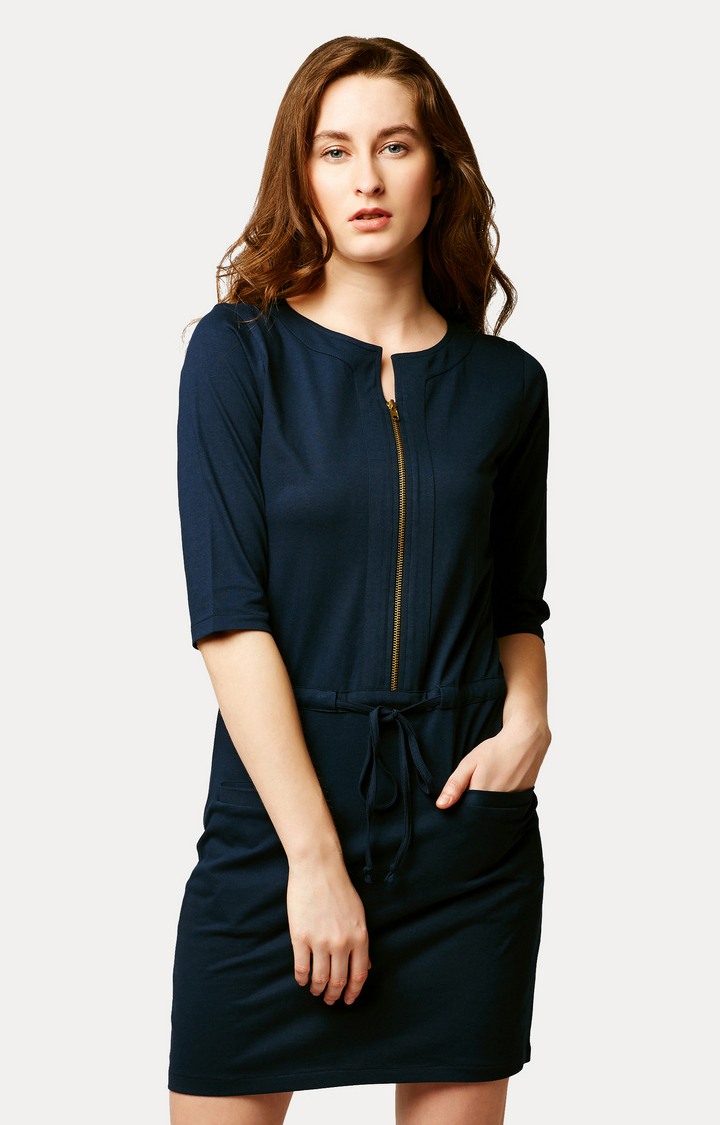 Women's Blue Solid Shift Dress