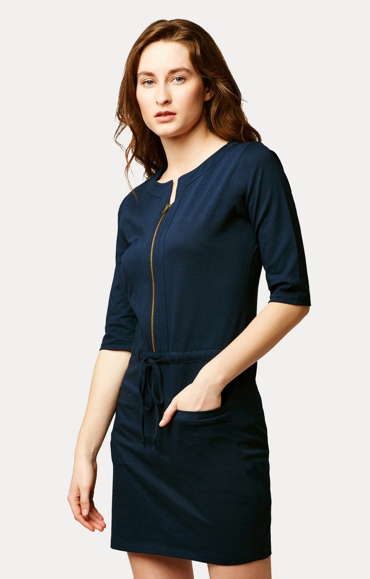 Women's Blue Cotton SolidCasualwear Shift Dress