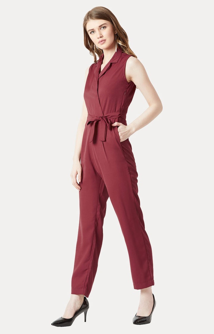 MISS CHASE | Women's Red Crepe SolidCasualwear Jumpsuits