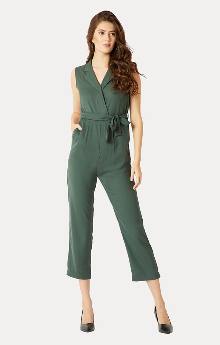 MISS CHASE | Women's Green Crepe SolidCasualwear Jumpsuits