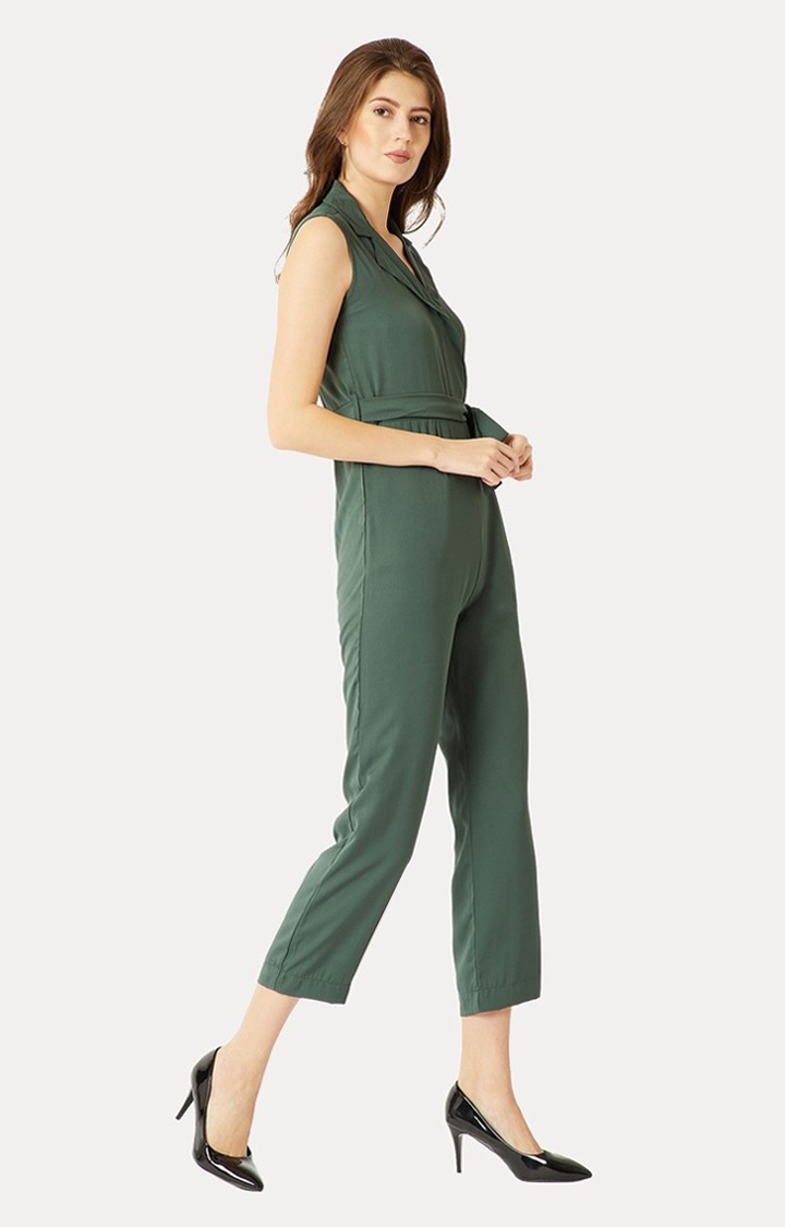 Women's Green Crepe SolidCasualwear Jumpsuits