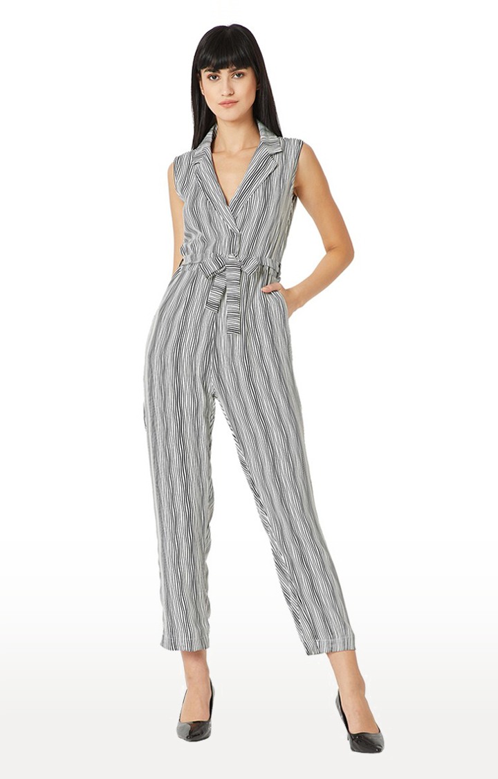 MISS CHASE | Women's Grey Crepe StripedCasualwear Jumpsuits