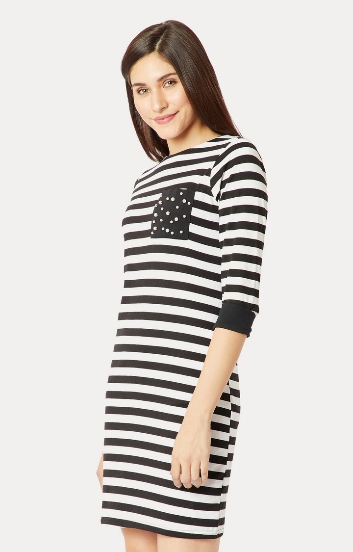 Women's Black Cotton StripedCasualwear Shift Dress