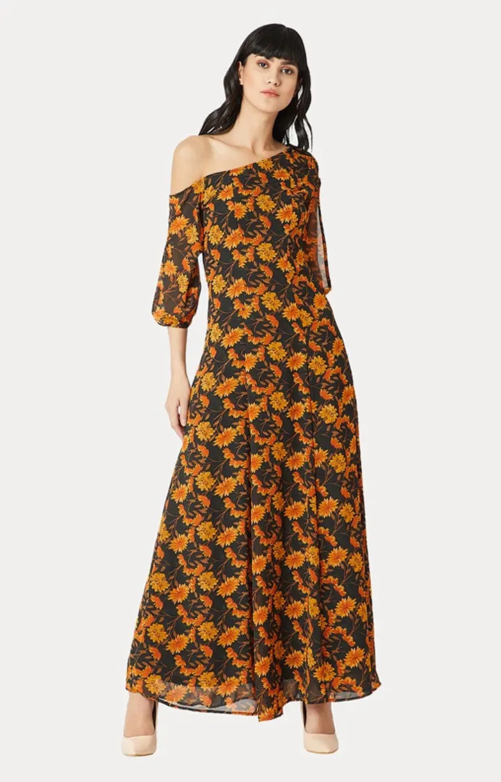 Women's Orange Georgette PrintedCasualwear Maxi Dress
