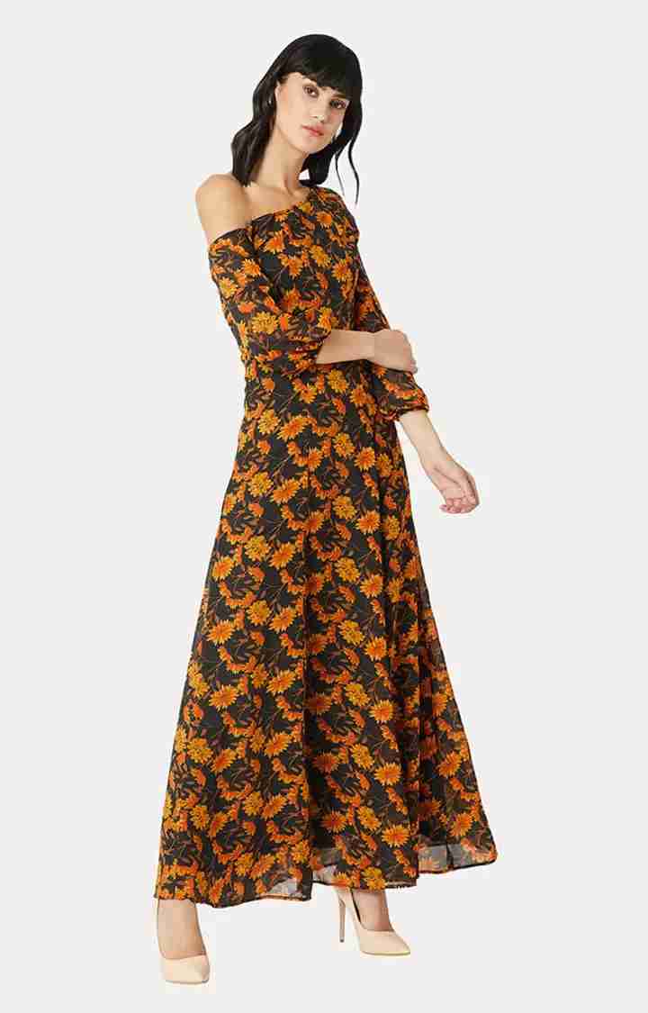 Women's Orange Georgette PrintedCasualwear Maxi Dress