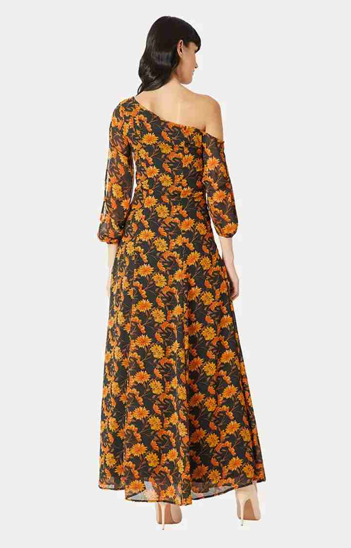 Women's Orange Georgette PrintedCasualwear Maxi Dress