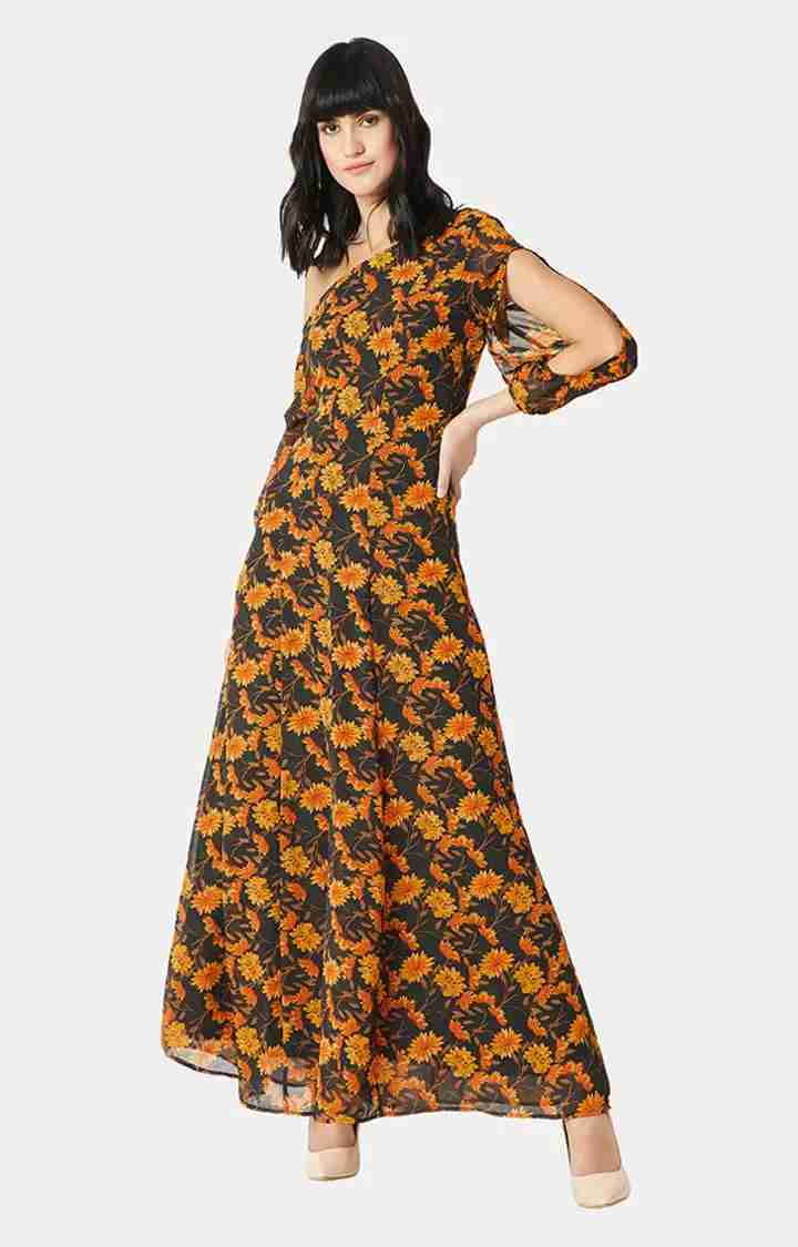 Women's Orange Georgette PrintedCasualwear Maxi Dress