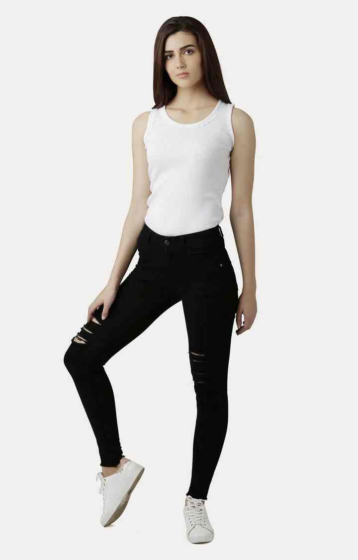 Women's Black Solid Ripped Jeans