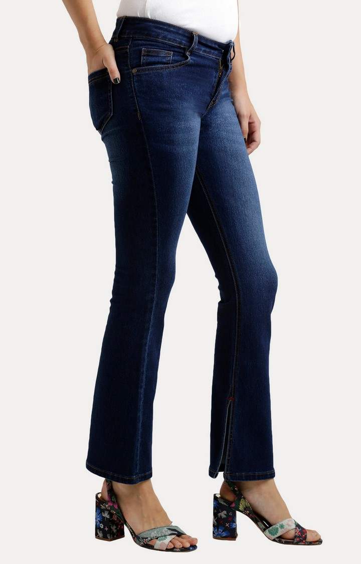 Women's Blue Solid Flared Jeans
