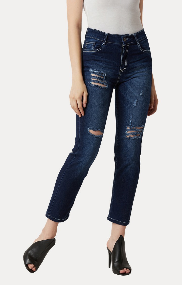 MISS CHASE | Women's Blue Solid Ripped Jeans