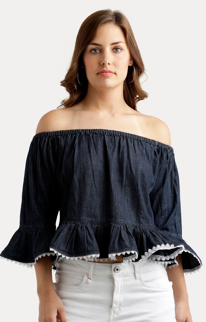 MISS CHASE | Women's Blue Solid Off Shoulder Top