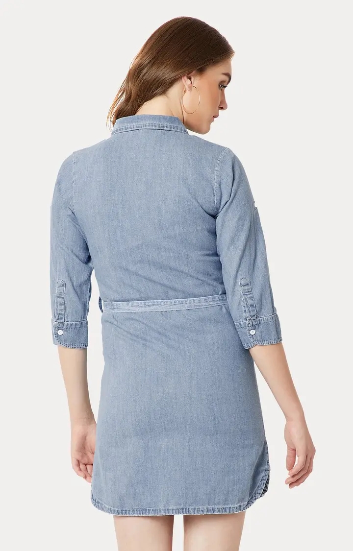 Women's Blue Cotton SolidCasualwear Shirt Dress