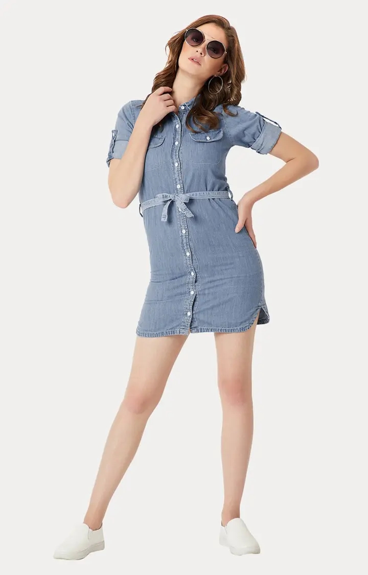 Women's Blue Cotton SolidCasualwear Shirt Dress
