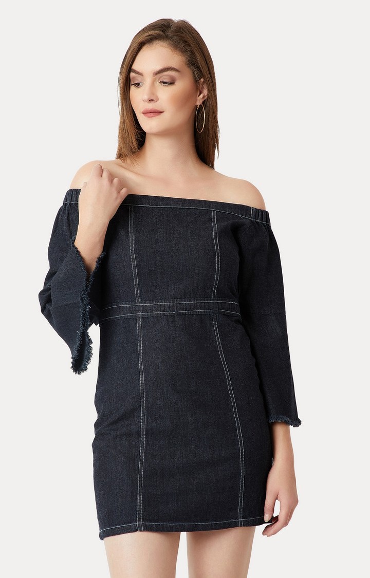 Women's Black Cotton SolidCasualwear Off Shoulder Dress